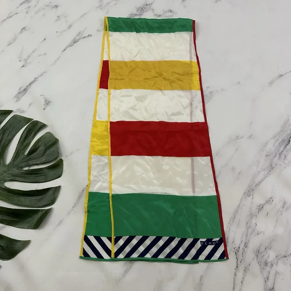 Echo Womens Vintage 90s Silk Scarf Red Green Striped Long Bold Colorblock